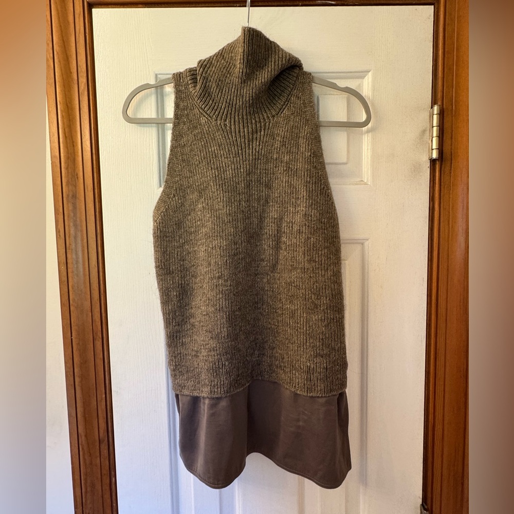 Gray/Brown Cowl Neck Sleeveless Mixed Media Sweater